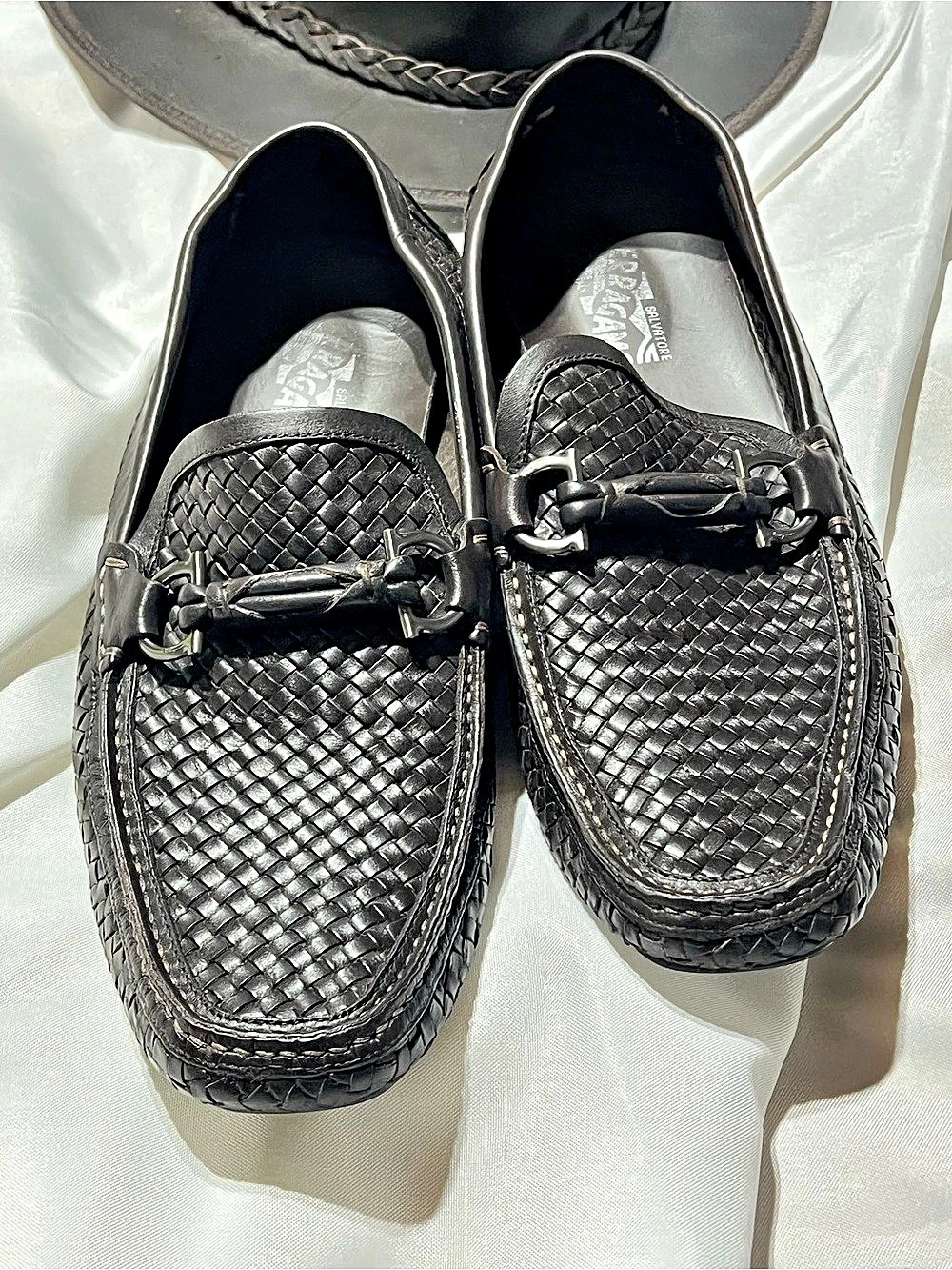 Salvatore Ferragamo Gancini Woven Leather Driver Loafers Black US 11.5 EE